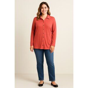 J.Jill Coral Button Front Long Sleeve Tunic Top Women’s Large Rayon Tencel
